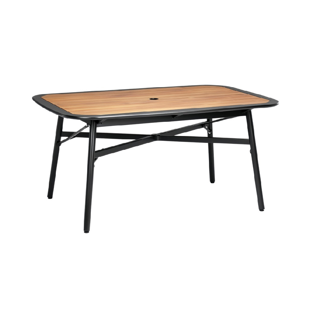 **Technische titel in het Nederlands: "Robuuste tuin tafel met houten bovenblad en metalen onderstel"**