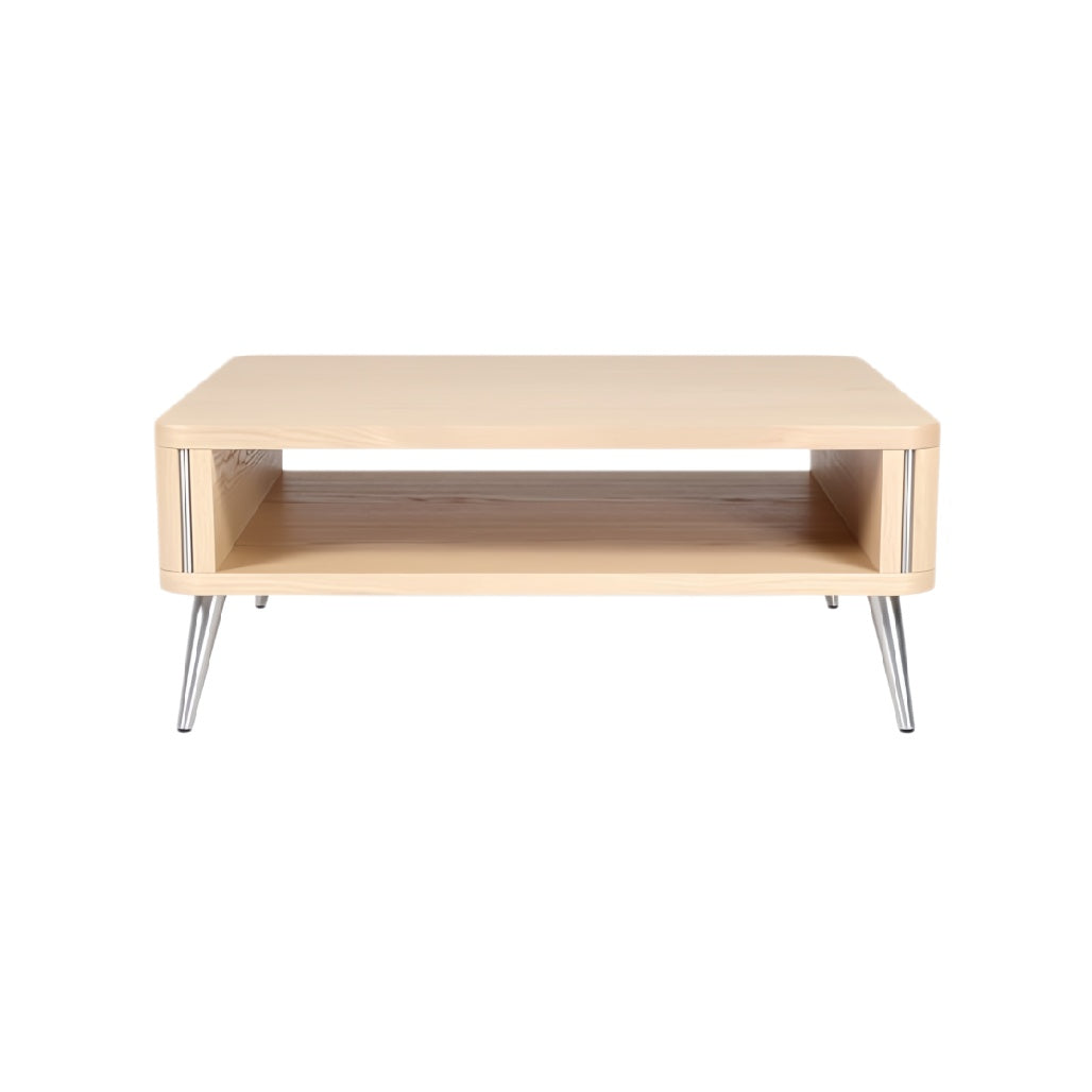 **Moderne salontafel met open opbergvak en metalen poten**