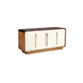**Moderne houten dressoir met witte fronten en stalen handgrepen**
