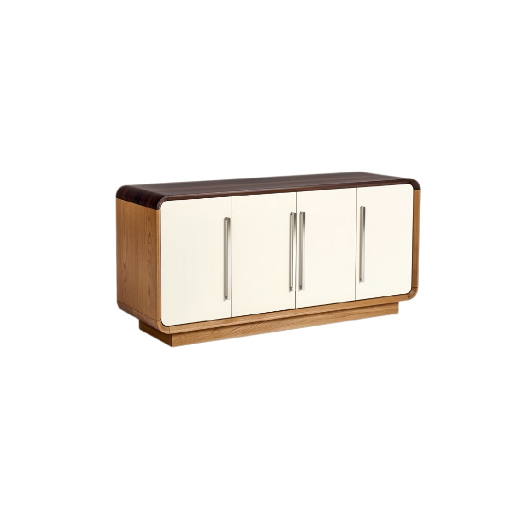 **Moderne houten dressoir met witte fronten en stalen handgrepen**